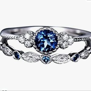 Creative Luxury   Fashion Rings Blue Rhinestone & CZ band & solitaire ring set